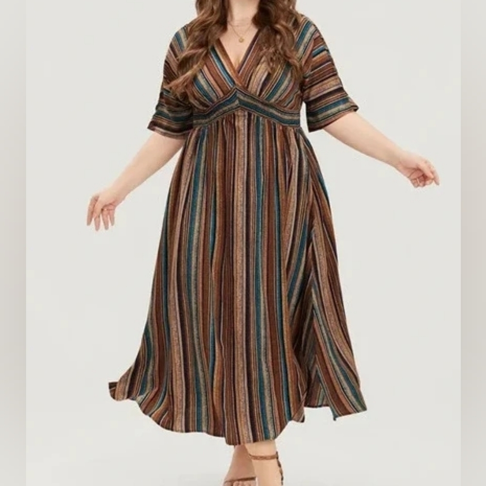 BloomChic Brown and Orange V-Neck 3/4 Sleeve Maxi Sundress